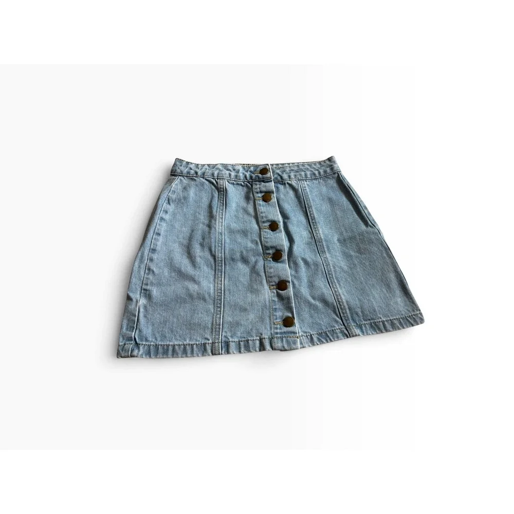 Forever 21 Denim Mini Skirt Size S Light Blue Button Front A-Line Casual 90s